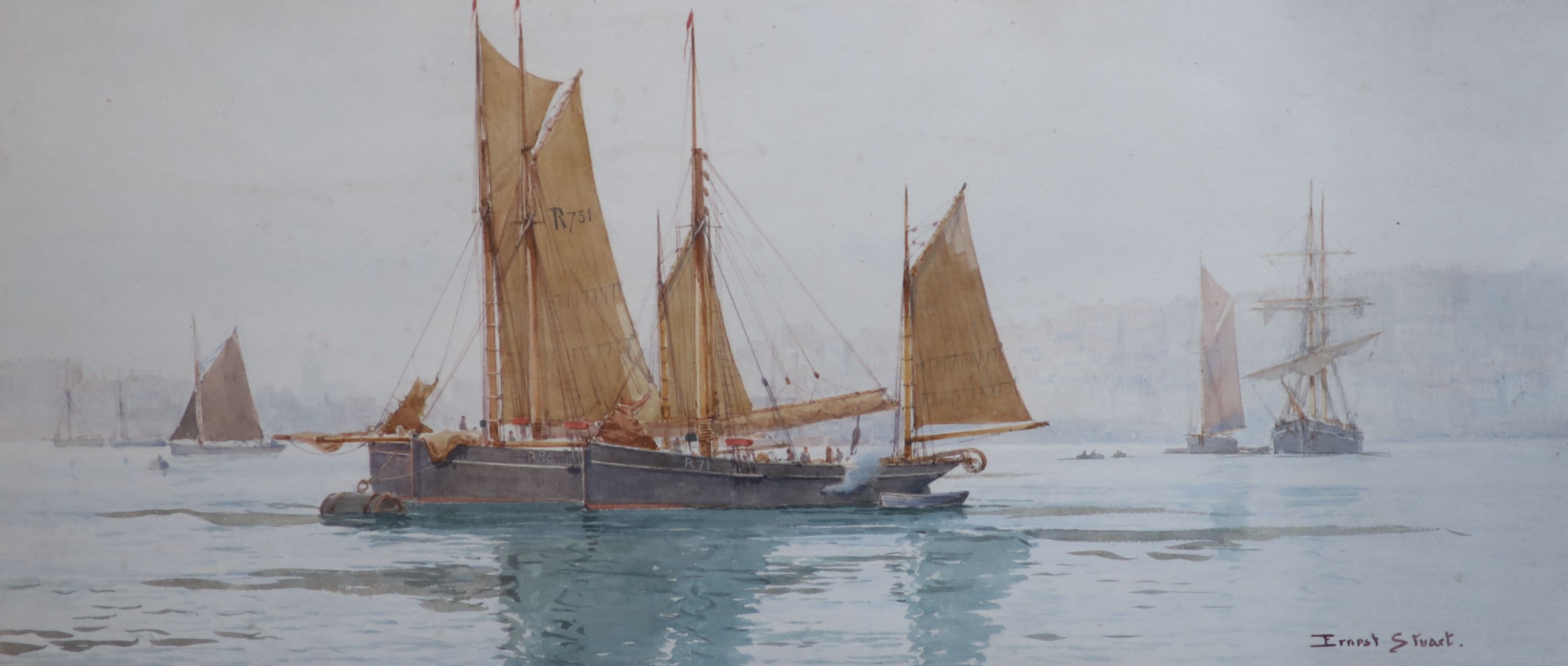 Ernest Stuart (fl.1889-1915), Sail barges off the coast, Watercolour, 23 x 53 cm.